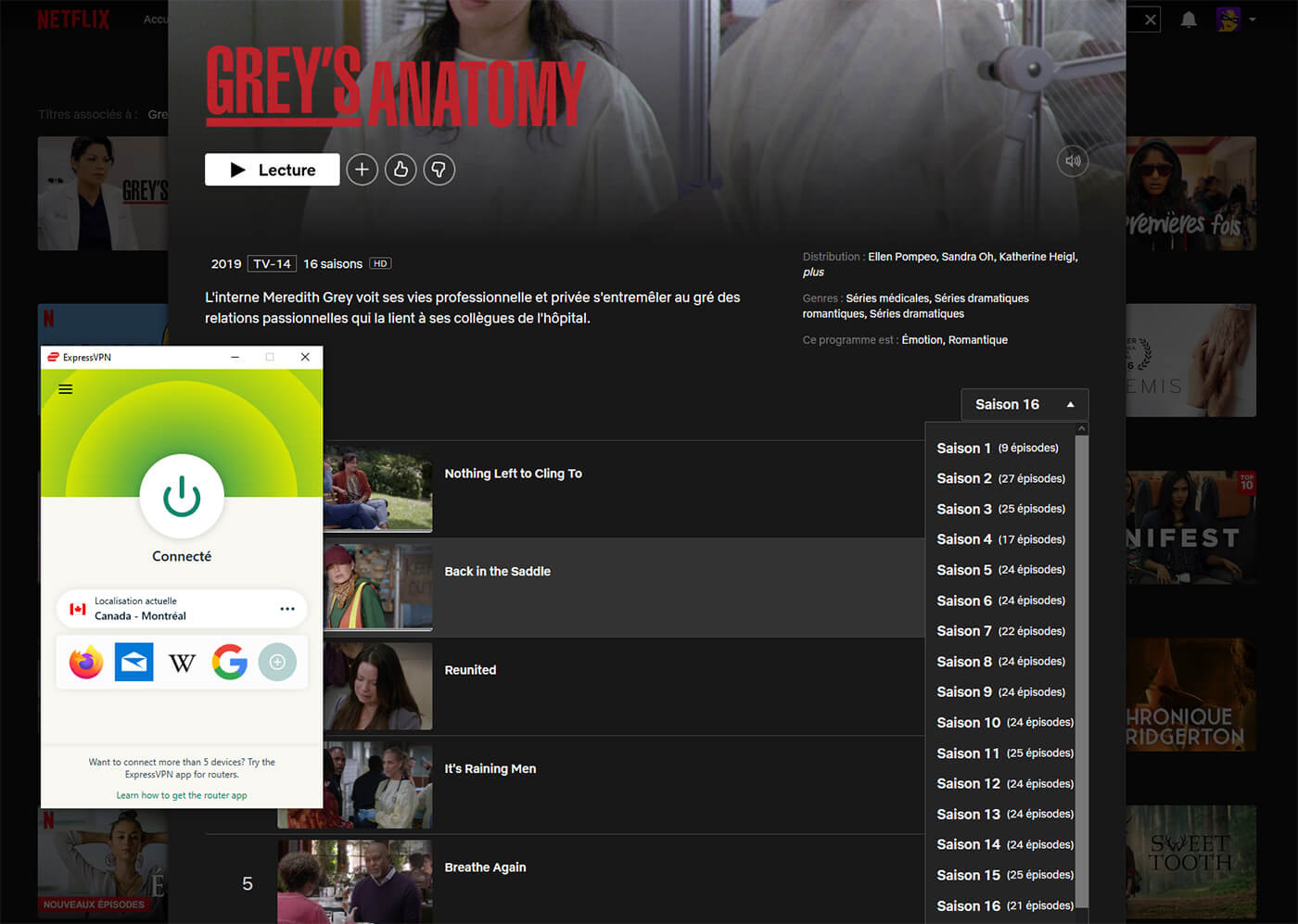 Grey's Anatomy Netflix Canada 16 saisons